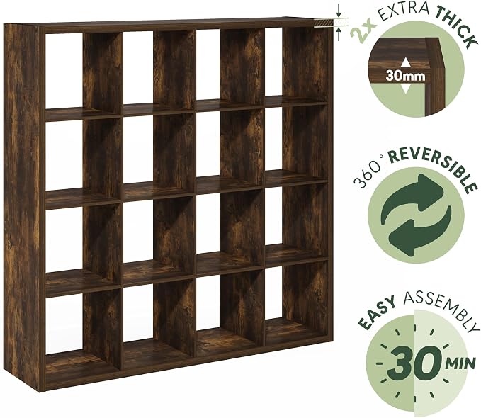 Furinno Cubicle 16-Cube Book Shelf, Extra Thick Frame Bookshelf, Amber Pine | 14.6" x 58" x 58", Reversible Bookcase with Open Back, for Living Room, Bedroom, Home Office