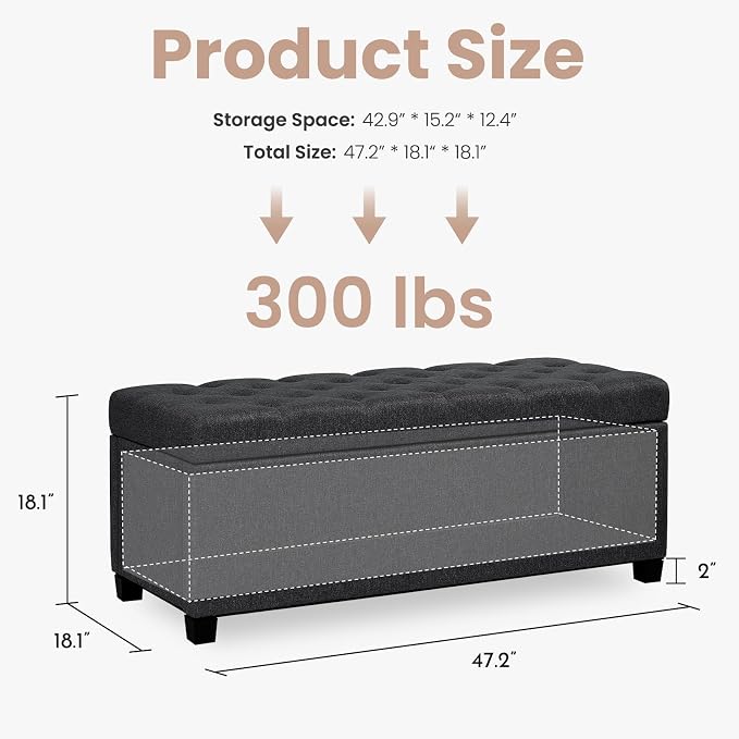 Living&Giving Storage Ottoman Bench for Bedroom, 47.2", Black | 47.2-inch storage ottoman with safety hinge, tufted upholstered seat and spacious hidden storage for everyday organization.