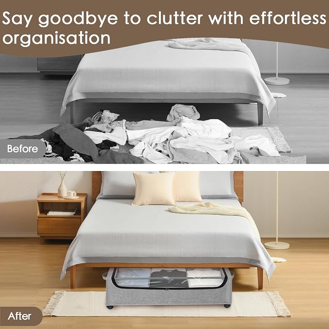 Under Bed Storage with Wheels, 2-Pack Under the Bed Storage Containers with Clear Lids & Label, Underbed Storage Bins, XXXL 85L 11 inches Rolling Metal Drawer for Clothes, Shoes, Toys, Books - Gray