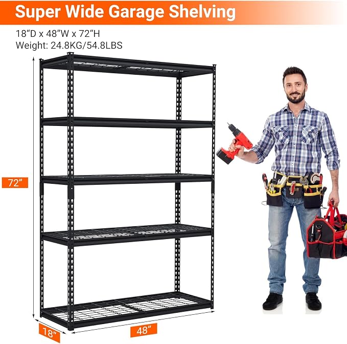 Garage Storage Shelves 5 Tiers, Heavy Duty Storage Shelving Racks with 2500 LBS Capacity, 48 in L x 18 in W x 72 in H Metal Adjustable Utility Shelving Unit for Garage Organization, Basement, Workshop