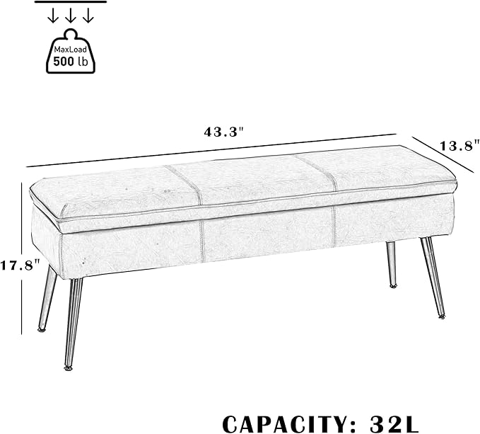 Ottoman with Storage Bench, Upholstered Large Entry Bench Cognac | 43.3" Mid-Century Modern End of Bed Bench w/ Flip-Lid Metal Legs Padded Seat for Living Room Bedroom Entryway, Faux Leather