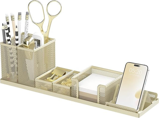 Pen Holder for Desk, 6-Piece Mesh Desk Organizer with Phone Holder, Gold | 6-Piece Black Mesh Desk Set Includes Pen Cups, a Sticky Note Caddy and Phone Holder for Office, School, Home