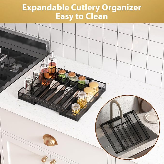 Sedegn Silverware Organizer Metal Mesh, Drawer Organizer, Utensil Cutlery Tray for kitchen drawers,Expandable Flatware Organizer with 7 Compartment Black 9.6"~16.1" x 13.8"