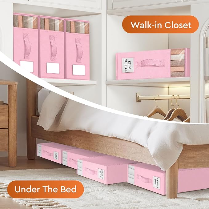 StorageTastic 8 Pack Bed Sheet Closet Organizers and Storage,Sturdy Foldable Storage Containers with Window and Label,Storage and Organization for Bedding Sheets,Duvet Covers,Blankets (Pink)