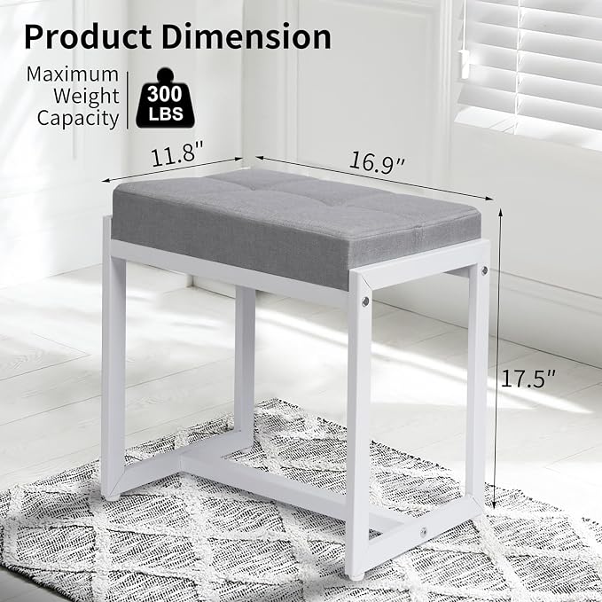 Vanity Stool, Vanity Chair Stools for Makeup Room, Square Linen Makeup Stool for Vanity, Modern Padded Small Ottomans Foot Rest for Bedroom Living Room, Grey & White