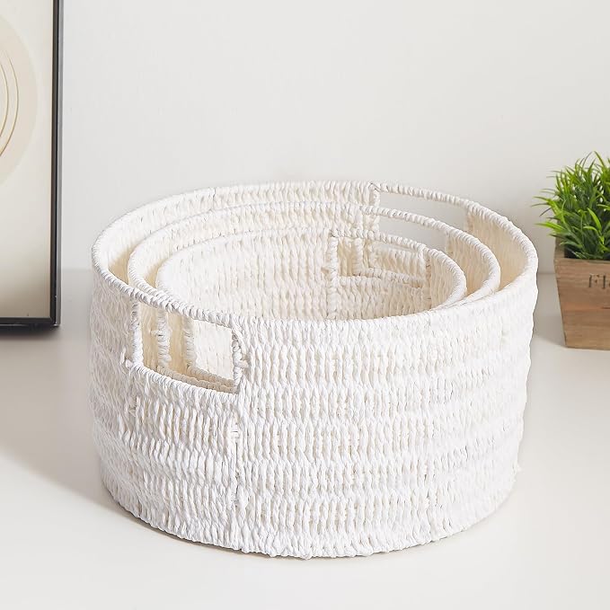 Wicker Storage Basket, Hand-Woven Paper Rope Large Round Woven Basket With Handles, Wicker Baskets for Organizing/Storage, White, 3-Pack