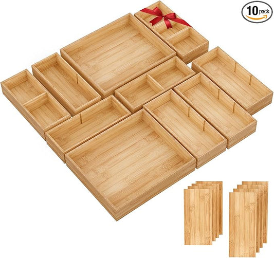 Bamboo Drawer Organizer, 10-Piece Stackable Trays with Removable Dividers | Junk drawer organizer, assorted tray sizes, 10-22 customizable compartments, nestable, kitchen utensils, bathroom, office