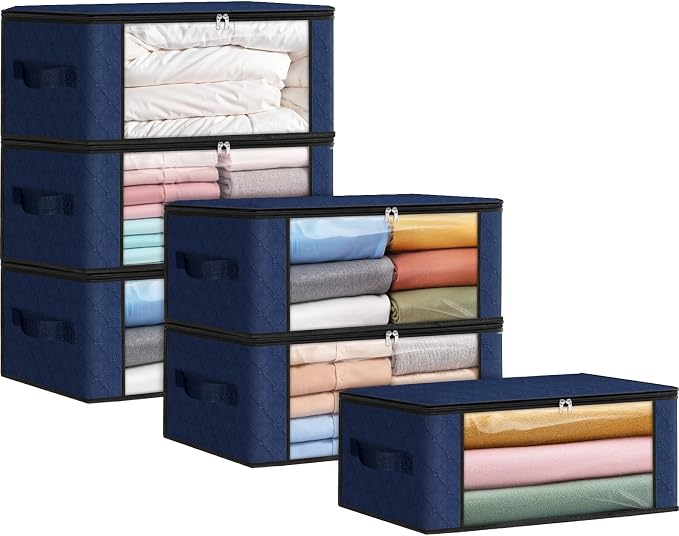 Fab totes 35L Closet Organizers and Storage, Foldable Under Bed Storage Containers, Storage bags for Organizing Bedroom, Closet, Clothing,Organization with Handle (6 Pack,Blue)