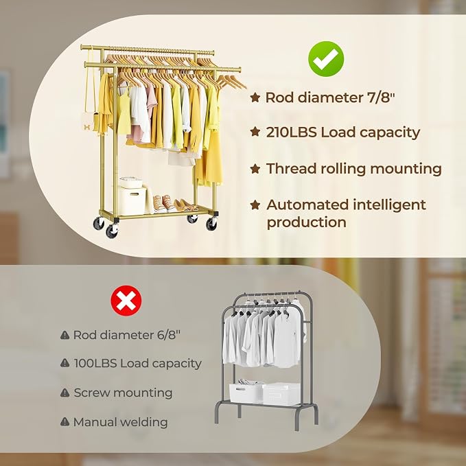 HYSEYY Double Rods Clothes Rack, Sturdy Rolling Clothing Rack, Portable Clothing Racks for Hanging Clothes - Metal Garment Rack Wardrobe Coat Rack for Bedroom Laundry Living Room, Gold
