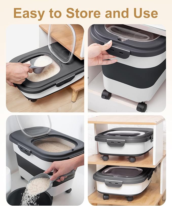 20-30 Lbs Rice Storage Container,Collapsible Food Storage Container | Flour Storage Container with Wheels Airtight Locking Lid,Rice Container Double Seal,Keep Fresh for Pet Food,Rice,Flour