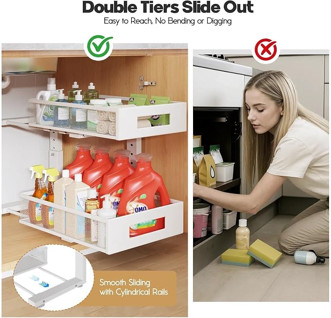 Under Sink Organizer, 2-Tier Dual Pull Out Cabinet Organizer Drawers With Smooth Circular Rail, Large Capacity Metal Mesh Sliding Shelves For Bathroom& Kitchen Storage,Height Adjustable–White,2 Packs