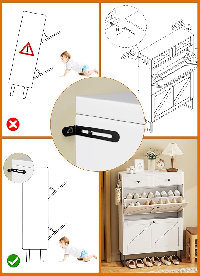 Shoe Storage Cabinet with 2 Flip Drawers & 2 Fabric Drawers, Farmhouse Hidden Shoe Organizer Cabinet with Adjustable Panel and Hooks, Narrow Slim Shoe Cabinets for Entryway, Hallway, Porch