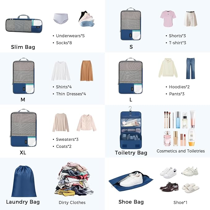 BAGAIL 4 Set/6 Set/8 Set Compression Packing Cubes Travel Accessories Expandable Packing Organizers(HalfMesh,8-Navy)