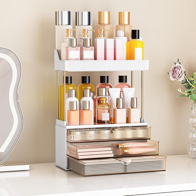 caktraie 3-Drawer 2-Tier Acrylic Makeup & Bathroom Vanity Organizer | Amber,3 smooth drawers, 2 open shelves, dustproof, wipe clean, for large skincare, perfumes, lipsticks, dresser, counter