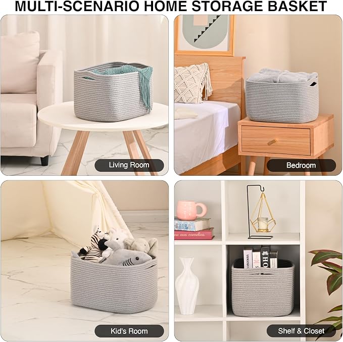 ICERZCZ Woven Cotton Rope Storage Basket for Organizing, Cute Decorative Baskets for Gifts Empty, Organizer Bins for Dog Toy, Baby Laundry, 15“×11”×9.5“, Light Grey