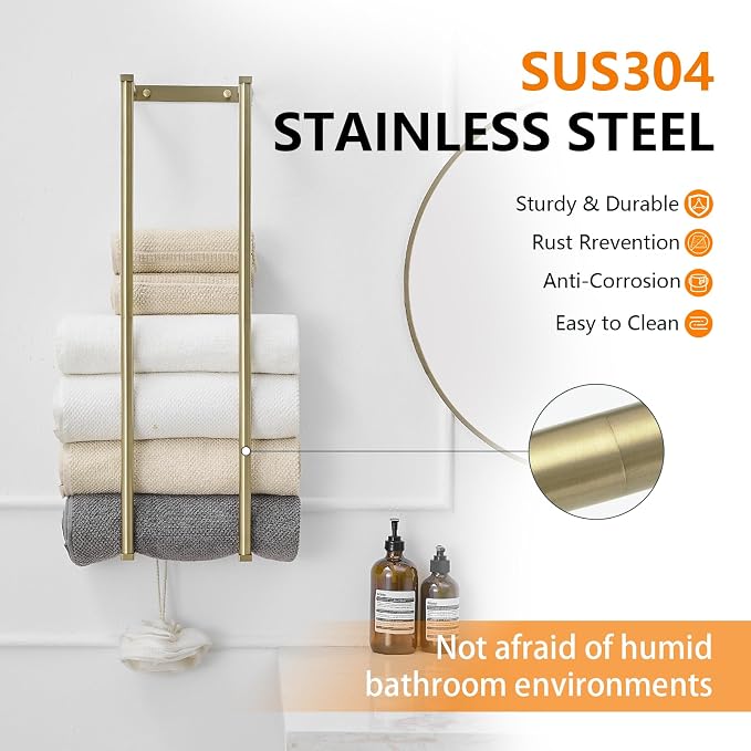 BWE Brushed Gold Towel Racks for Bathroom 28" Towel Holder for Rolled Towels