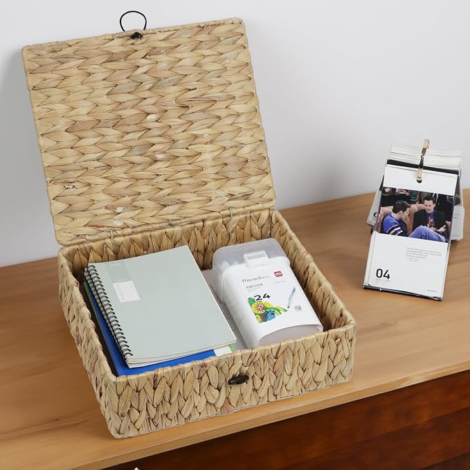 Water Hyacinth Wicker Storage Basket with Lid, Large | Rectangular Woven Box, Shelf Organizer Bin, Multipurpose Home Storage, Decorative Basket, Natural Decor