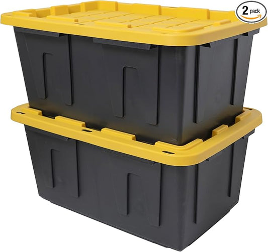 CX Heavy Duty 27-Gallon Stackable Plastic Storage Bins with Lids, 2 Pack | Storage totes for garage organization, Stackable containers, weather-resistant, snap lid, 14.3H x 20.6W x 30.6D, Black/Yellow