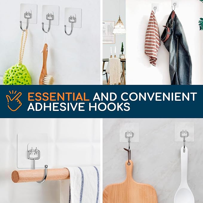 Adhesive Wall Hooks for Hanging, Heavy Duty No Drill, 22 lbs, 18 Pack | GLUIT Adhesive Wall Hooks for Hanging, Transparent Waterproof Sticky Towel Hook for Bathroom Kitchen Home Outdoor