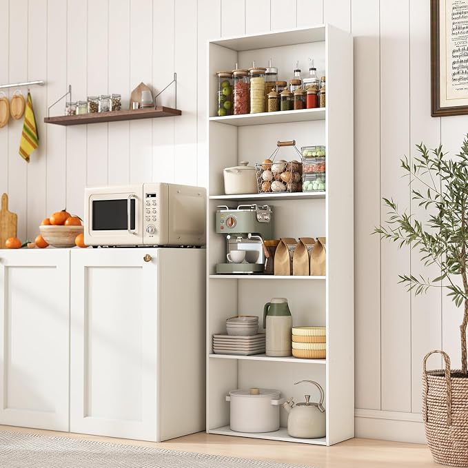 Giantex 5-Tier Bookshelf, Freestanding Tall Bookcase with 5 Open Compartments, Modern Storage Organizer, Display Shelving Unit for Living Room, Bedroom, Home Office, White