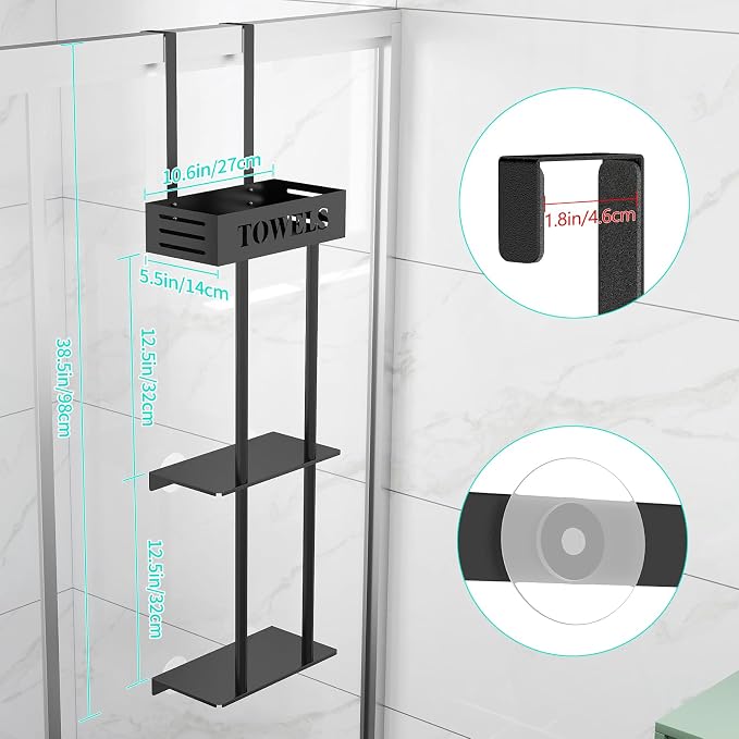 Bethom 3 Tier Over The Door Towel Rack, Hanging Towel Rack, Matte Black | Bathroom Towel Holder with Shelf, Over Door & Wall Mount Design, Ideal for Small Bathrooms, Sturdy Rust-proof Stainless Steel
