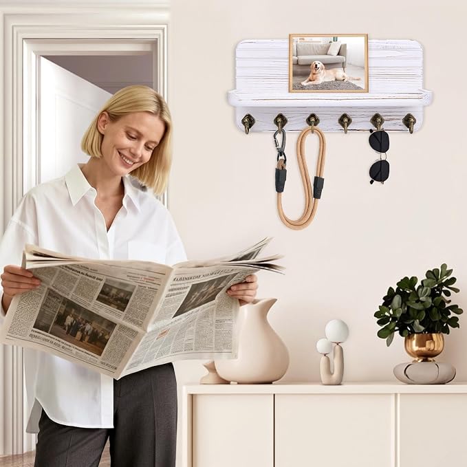 Key Holder for Wall, Mail Organizer Wall Mount with 6 Hooks Wooden Hanging Key Rack for Home Decor, Hallway, Entryway (Vintage White)