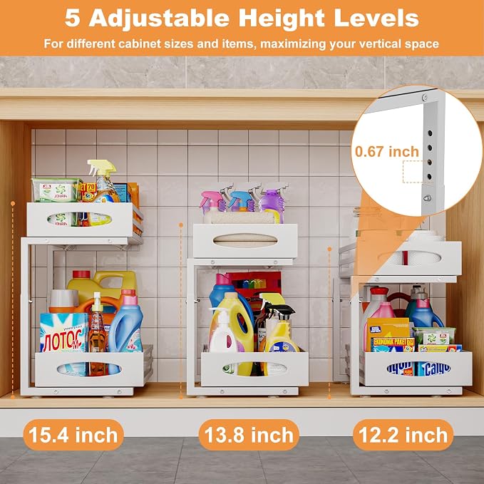 Under Sink Organizer, 2 Tier Under Sink Organizers and Storage, Adjustable Height, Slide out Metal Cabinet Organizers, Pull out Cabinet Storage Drawer Shelf for Kitchen Bathroom (White, 1 Pack)