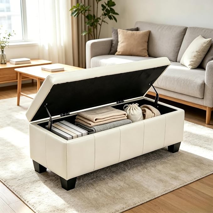41.5 Inch Cream White Faux Leather Storage Ottoman Bench for Bedroom | 2.8 cu ft hidden storage,660 lbs weight capacity,soft padded seat,solid wood legs for indoor home use