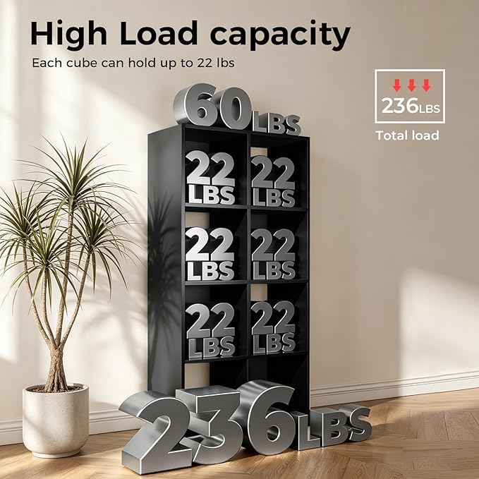 LUCKLIFE 8-Cube Storage Organizer, Stackable Modular Bookcase Shelf with Vertical or Horizontal Use, Fits 11×11" Bins, Optional Back Panels, for Living Room, Office, Black