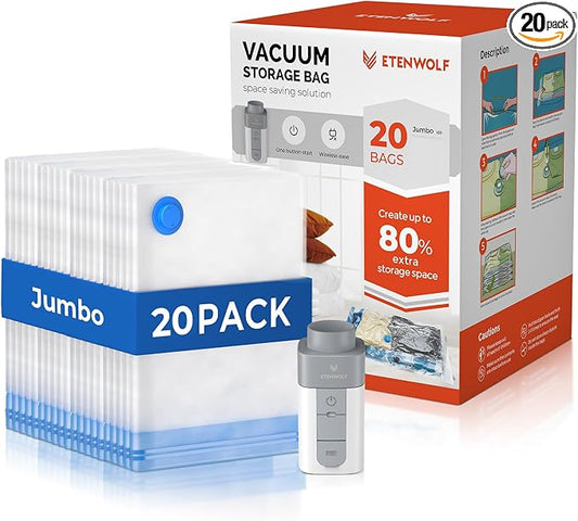 ETENWOLF 20 Jumbo Vacuum Storage Bags for Travel with Wireless Pump | Vacuum Seal Bags for Clothing Travel, Compression Packing Bags for Clothes and Blankets, Space Saver Bags in Carry-On Sizes