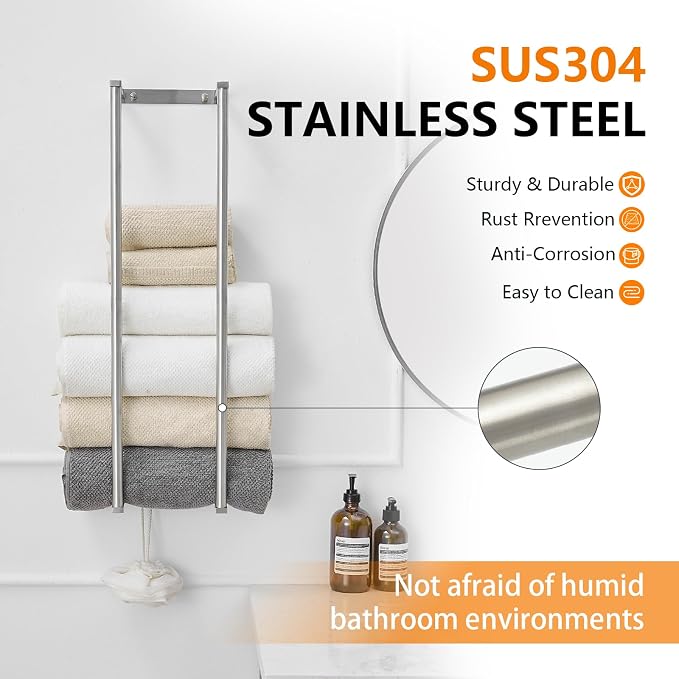 BWE Brushed Nickel Towel Rack Bathroom 28" Towel Holder for Rolled Towels | Stainless Steel Wall Mounted Towel Storage for Bathroom with 2 Hooks, 6 Large Bath Towels Capacity