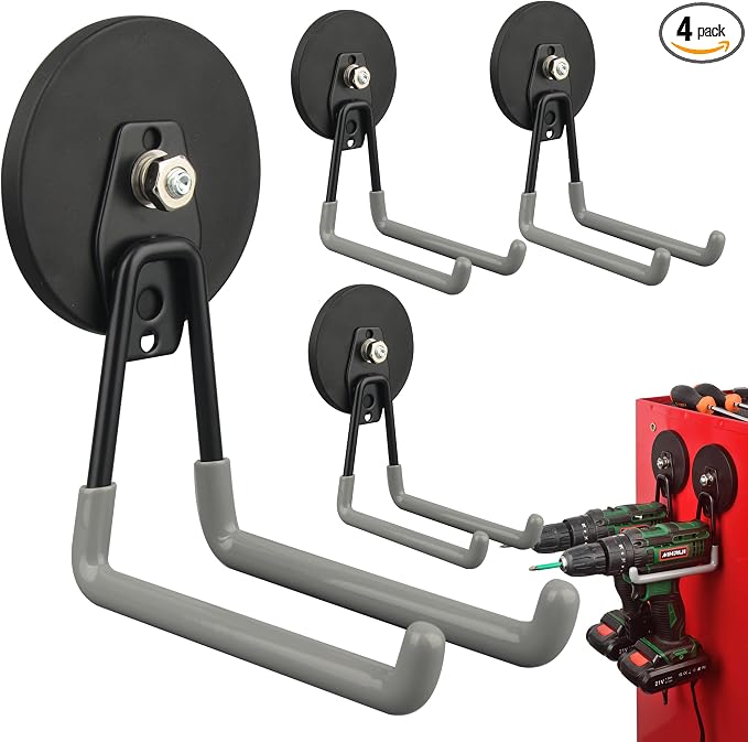 ULIBERMAGNET Magnetic Hooks,Heavy Duty Magnet Hooks,Large Manget with Hooks for Metal Cabinet Pegboard Garage Shelve Cart,4 Pack Tool Hook for Hammer Drill,Garden Tool(3.46inch/Silver)