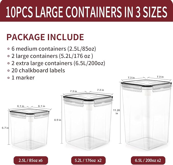 PRAKI 10 PCS Flour Sugar Storage Containers for Organizers and Storage | BPA Free, Airtight Food Storage Containers with Lids for Sugar, Flour, Baking Supplies, Versatile Kitchen Containers, Black