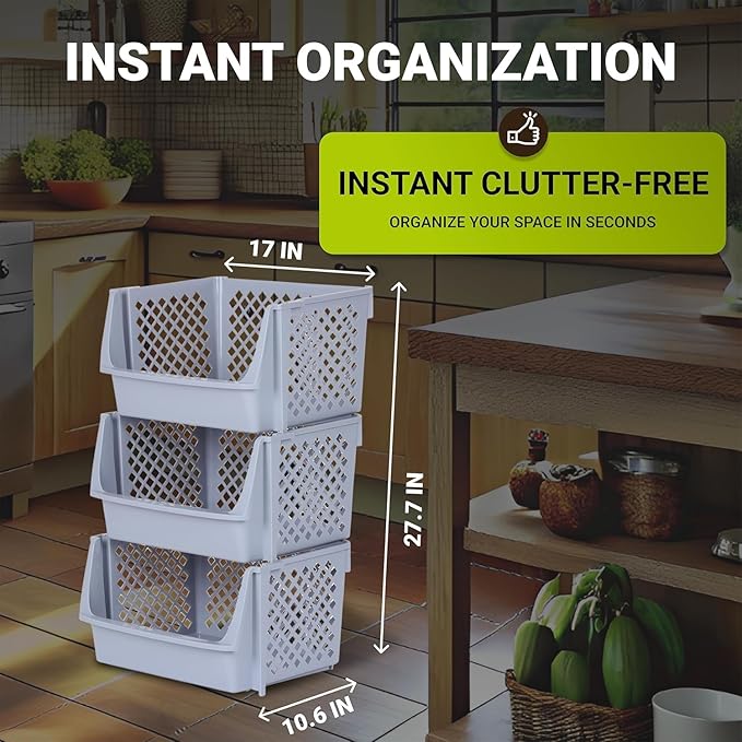 XLarge Stackable Storage Bins Open Front for Pantry, 6 Pack - Light Grey | Sturdy Plastic, Easy Stacking, Open Front Access, Ventilated Sides, Vertical & Space Saving Pantry Organizers and Storage Bin