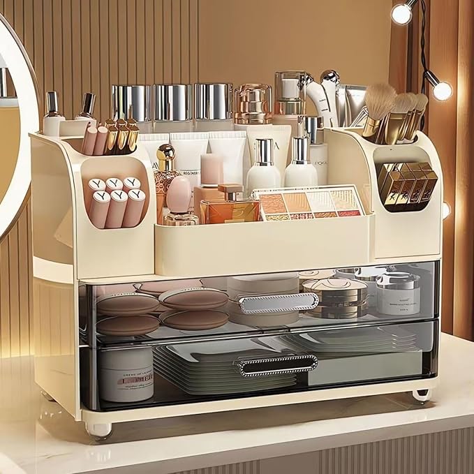 Makeup Organizer with Drawers for Vanity,Bathroom Countertop Organizer with Brushes Holder,Skincare Storage Organizer,Perfect Cosmetic Display Case for Skincare,Lipstick and Beauty Essential (Cream)