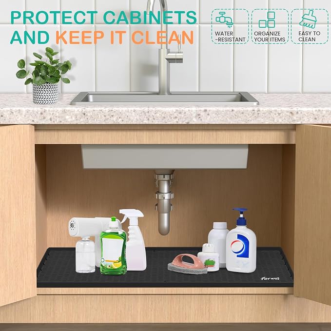 Silicone Under Sink Mat, 22"x19", Waterproof Cabinet Liner, Black | Shelf Liner, Cabinet Protector, Home Organizer, for Kitchen, Bathroom, Multipurpose, Leak Proof, Easy Clean, Drip Tray, Clean