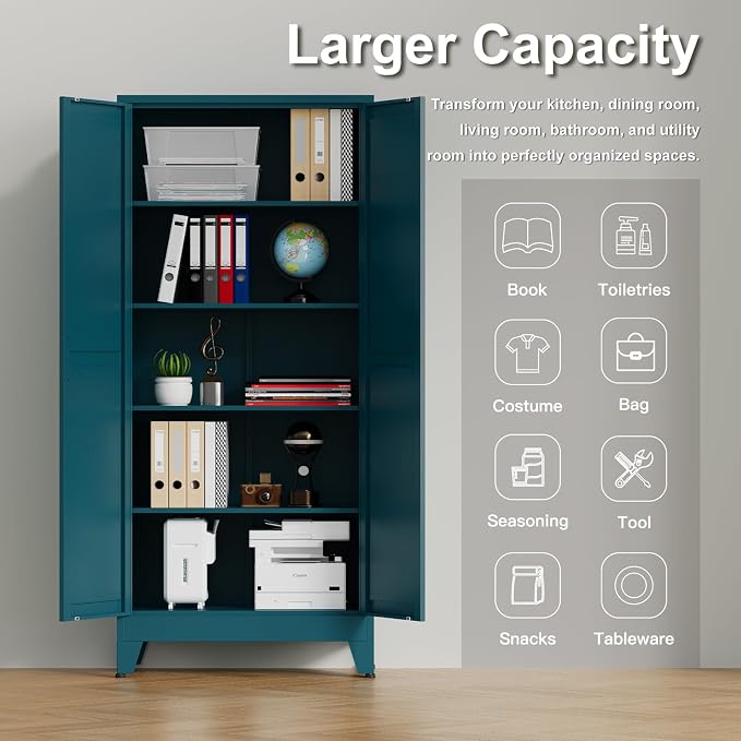 Tall Kitchen Pantry Storage Cabinet,Metal Blue Cabinets With Doors and Adjustable Shelves,Garage Storage Cabinets,Large Steel Shop Cabinet With Lock,Lockable Tool Cupboard For Living Room (Blue)