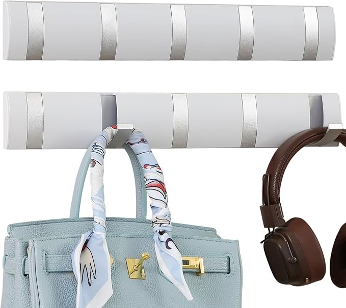 2 Pack Foldable Stylish Modern Hook Rack with 5 Hooks, Coat Hooks Wall Mount, Metal Coat Hook Rail for Coat Hat Towel Purse Robes Mudroom Bathroom Entryway (White and Silver)