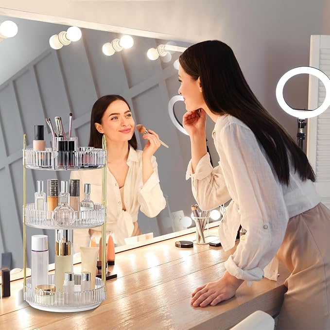 360° Rotating Makeup Organizer, Large-Capacity Skincare Make Up Storage 3 Tier Perfume Organizers Cosmetic Dresser Organizer with Makeup Brush Holder, Fits Bedroom, Bathroom, Vanity Shelf Countertop