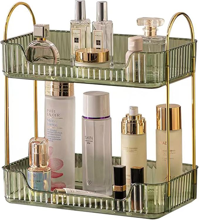 Bathroom Counter Organizer Countertop Storage, Cosmetics Skincare Shelf, Makeup Organizer Perfume for Dresser Vanity Tray, Spice Rack for Kitchen(2 Tier-Green)