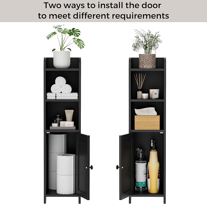 Homhedy Small Bathroom Storage Cabinet, Narrow Toilet Paper Cabinet | Corner Floor Cabinet with Door and Shelves, Slim Bathroom Cabinet for Small Spaces, 9.8" D x 7.9" W x 31" H, Black