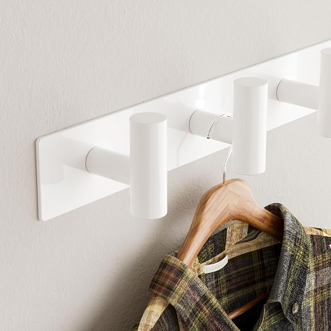 White Wall Mounted Coat Rack – 5 T-Shaped Hooks on 16.5" Rail, (1 Pack) | for Hanging Hats, Bags & Towels, Heavy-Duty Metal Hooks for Entryway, Bathroom, Closet, Bedroom