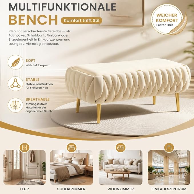 Bench for Entryway 41.3", Bedroom Benches for Foot of Bed, Ottoman with Storage for Bedroom, Upholstered Rectangular Ottoman for Living Room, Entryway, Holds up to 450 lb (White-A)