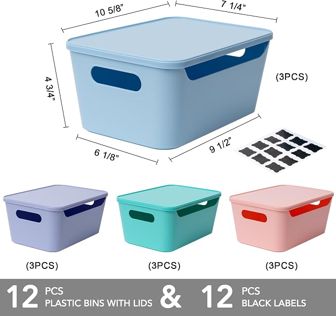 Tiawudi 12 Pack 4.5L Storage Bins with Lids, Plastic Storage Baskets for Home Classroom Organization, Multi-Use Organizer Bins for Cabinet, Pantry, Drawer, Countertop or Shelves, Colorful Containers