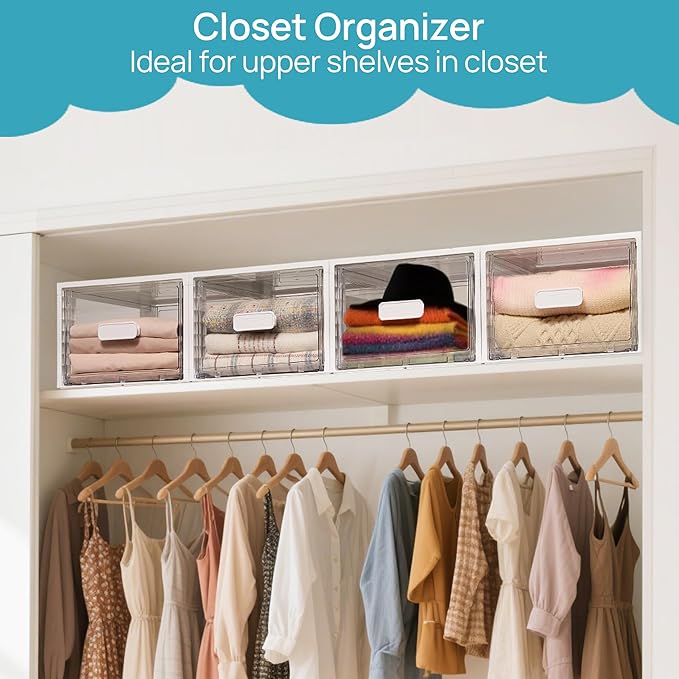 Vtopmart 4 Pack White Stackable Storage Drawers 15QT | Easily Assemble Closet Organizers,Plastic Storage Bins for Bathroom,Cabinet,Kitchen Pantry,Under Sink Organization(Medium)