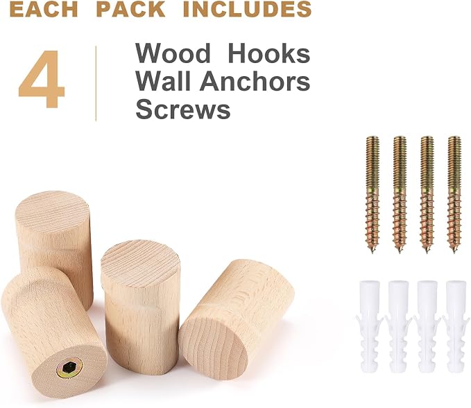 bsdonte Wood Wall Hooks, 4 Pack Natural Wooden Coat Hooks Wall Mounted, Rustic Hat Hooks, Heavy Duty Entryway Wall Hangers for Hanging Purse, Towels, Clothes, Backpack