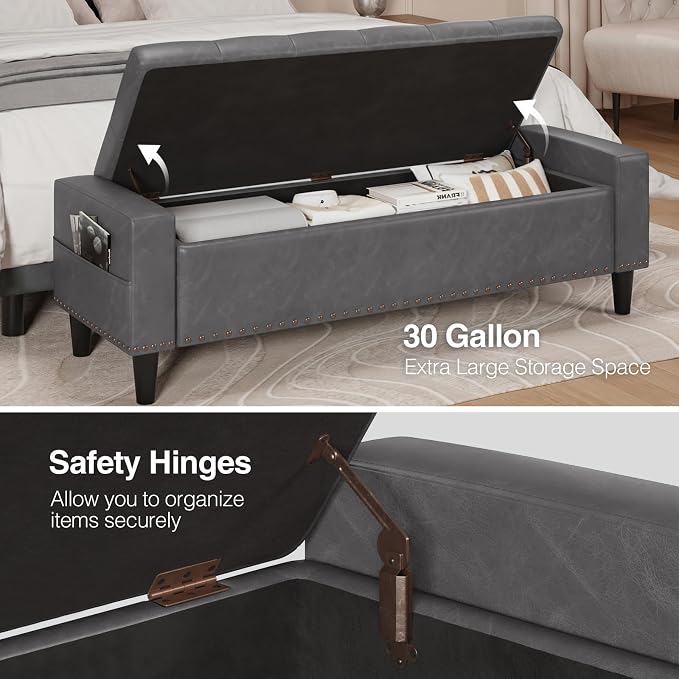 60" Storage Ottoman Bench, Faux Leather Upholstered Bed Bench with Tufted Buttons and Nailhead Trim, Large Ottoman with Storage for King Size End of Bed, Bedroom, Entryway, Hallway (Grey)