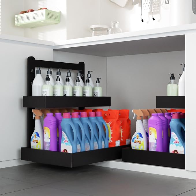 Bamboo Undersink Organizer Storage - 2-Tier Cabinet Shelf with Adjustable Levels, Under Sink Storage Slide Out for Cabinet Pantry Kitchen Bathroom (Black)
