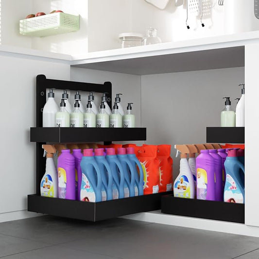 Bamboo Undersink Organizer Storage - 2-Tier Cabinet Shelf with Adjustable Levels, Under Sink Storage Slide Out for Cabinet Pantry Kitchen Bathroom (Black)