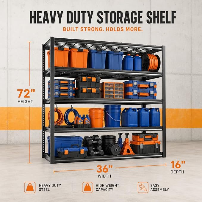 Garage Shelving, Heavy Duty Adjustable Boltless Metal Storage Shelves | 3000 LBS Industrial Steel Rack for Pantry Kitchen Basement Warehouse Storage, 72"H x 36"W x 16"D